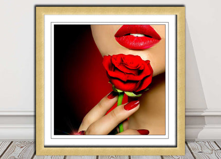 Red lips and rose. Framed picture print. A choice of frames and sizes, square.