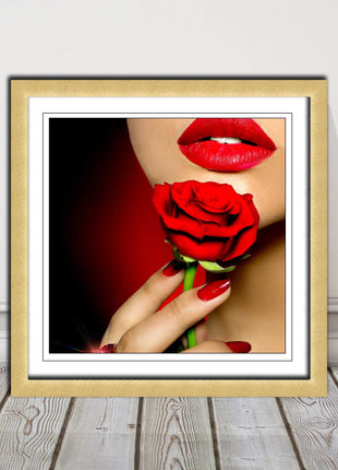 Red lips and rose. Framed picture print. A choice of frames and sizes, square.