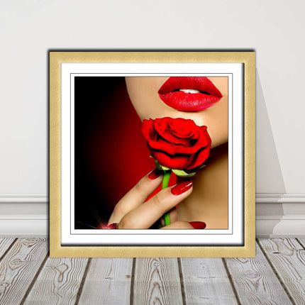 Red lips and rose. Framed picture print. A choice of frames and sizes, square.