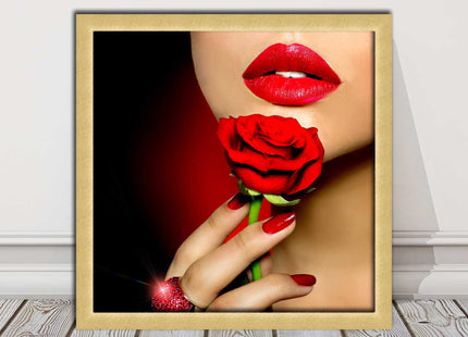 Red lips and rose. Framed picture print. A choice of frames and sizes, square.