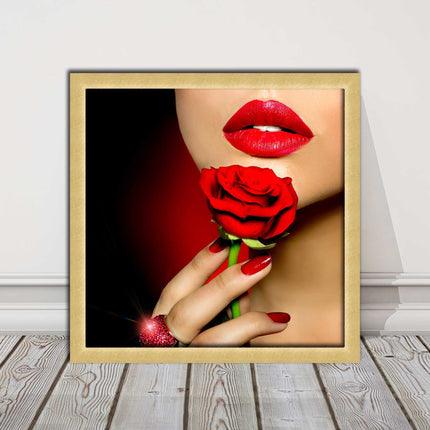Red lips and rose. Framed picture print. A choice of frames and sizes, square.