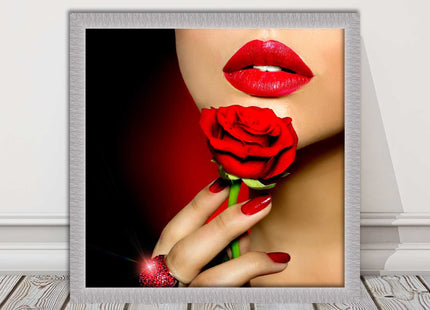 Red lips and rose. Framed picture print. A choice of frames and sizes, square.