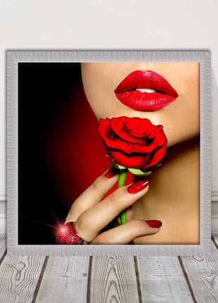 Red lips and rose. Framed picture print. A choice of frames and sizes, square.