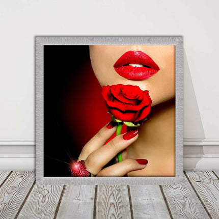 Red lips and rose. Framed picture print. A choice of frames and sizes, square.