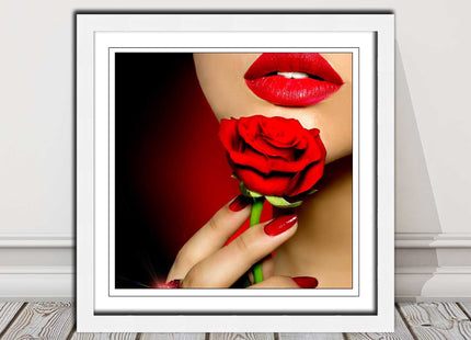 Red lips and rose. Framed picture print. A choice of frames and sizes, square.