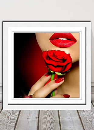 Red lips and rose. Framed picture print. A choice of frames and sizes, square.