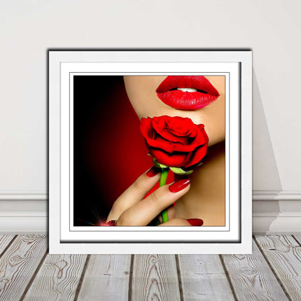 Red lips and rose. Framed picture print. A choice of frames and sizes, square.