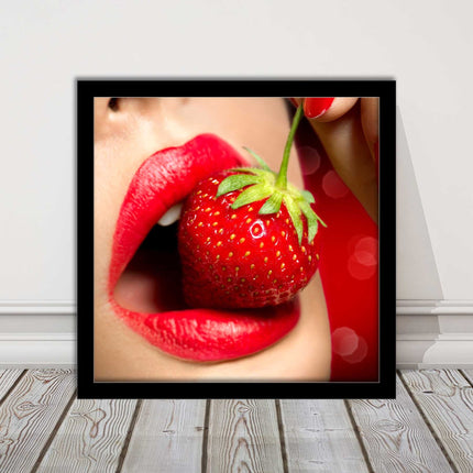 Strawberry red lips eating framed picture print with choice frame colours
