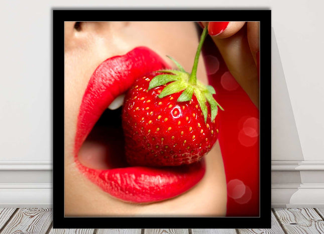 Strawberry red lips eating framed picture print with choice frame colours