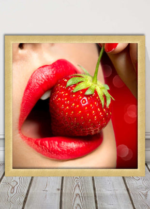 Strawberry red lips eating framed picture print with choice frame colours