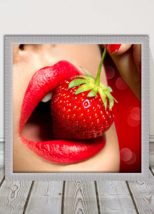 Strawberry red lips eating framed picture print with choice frame colours
