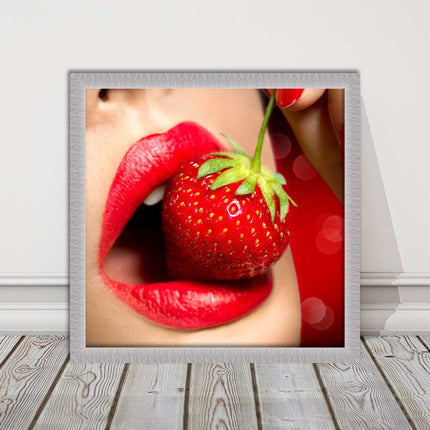 Strawberry red lips eating framed picture print with choice frame colours