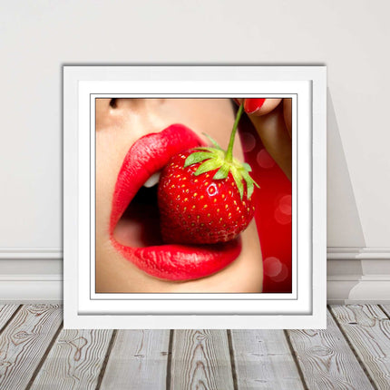 Strawberry red lips eating framed picture print with choice frame colours