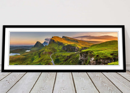 Sunset on Quiraing mountains, Isle of Skye Scottish Highlands panoramic framed