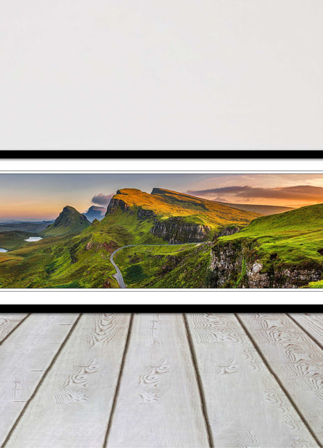 Sunset on Quiraing mountains, Isle of Skye Scottish Highlands panoramic framed