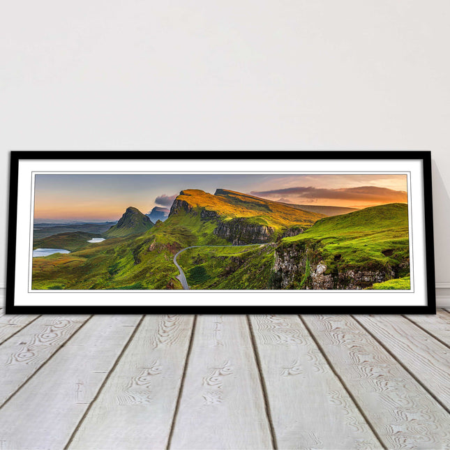 Sunset on Quiraing mountains, Isle of Skye Scottish Highlands panoramic framed