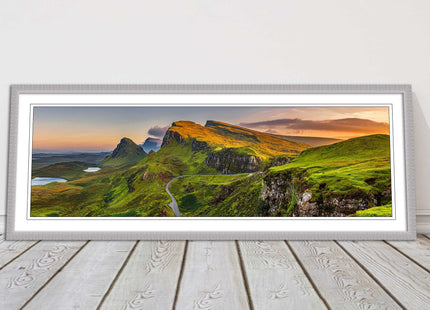 Sunset on Quiraing mountains, Isle of Skye Scottish Highlands panoramic framed