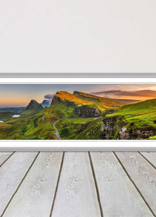 Sunset on Quiraing mountains, Isle of Skye Scottish Highlands panoramic framed