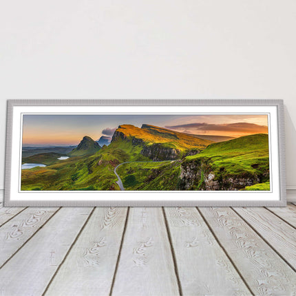 Sunset on Quiraing mountains, Isle of Skye Scottish Highlands panoramic framed