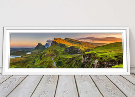 Sunset on Quiraing mountains, Isle of Skye Scottish Highlands panoramic framed