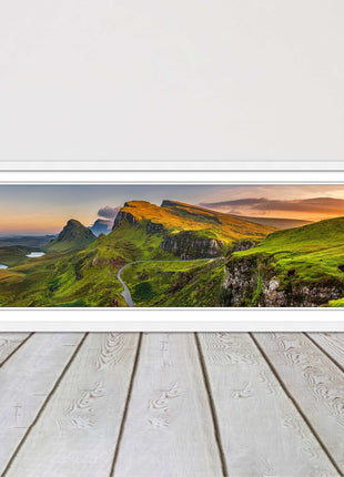Sunset on Quiraing mountains, Isle of Skye Scottish Highlands panoramic framed