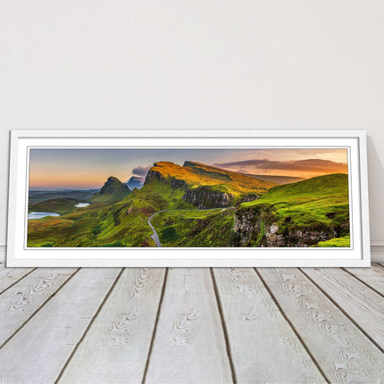 Sunset on Quiraing mountains, Isle of Skye Scottish Highlands panoramic framed