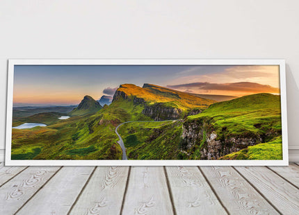 Sunset on Quiraing mountains, Isle of Skye Scottish Highlands panoramic framed