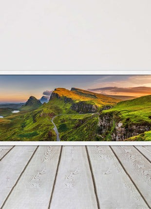 Sunset on Quiraing mountains, Isle of Skye Scottish Highlands panoramic framed