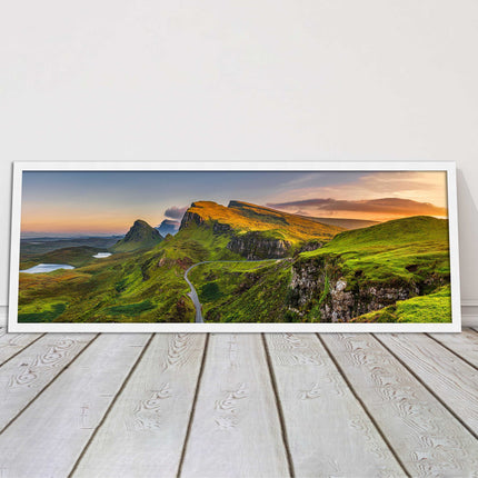 Sunset on Quiraing mountains, Isle of Skye Scottish Highlands panoramic framed