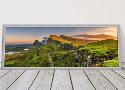 Sunset on Quiraing mountains, Isle of Skye Scottish Highlands panoramic framed