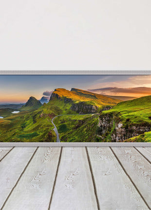 Sunset on Quiraing mountains, Isle of Skye Scottish Highlands panoramic framed