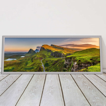 Sunset on Quiraing mountains, Isle of Skye Scottish Highlands panoramic framed
