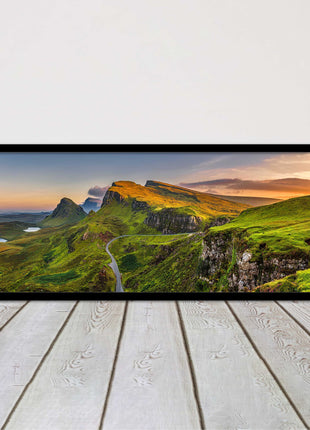 Sunset on Quiraing mountains, Isle of Skye Scottish Highlands panoramic framed