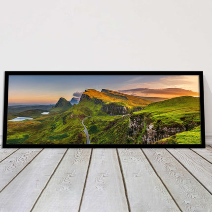 Sunset on Quiraing mountains, Isle of Skye Scottish Highlands panoramic framed
