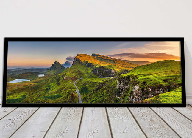 Sunset on Quiraing mountains, Isle of Skye Scottish Highlands panoramic framed