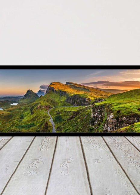 Sunset on Quiraing mountains, Isle of Skye Scottish Highlands panoramic framed