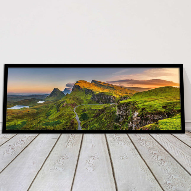 Sunset on Quiraing mountains, Isle of Skye Scottish Highlands panoramic framed