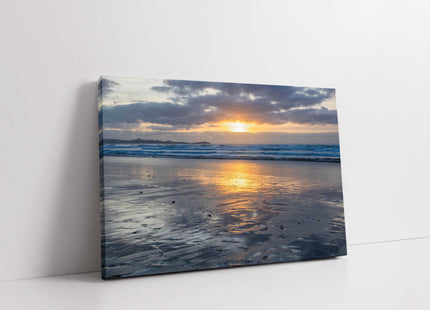 Watergate Bay at sunset, low tide. Cornwall. Canvas picture print landscape
