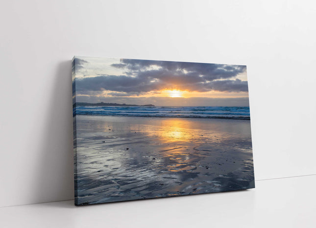 Watergate Bay at sunset, low tide. Cornwall. Canvas picture print landscape