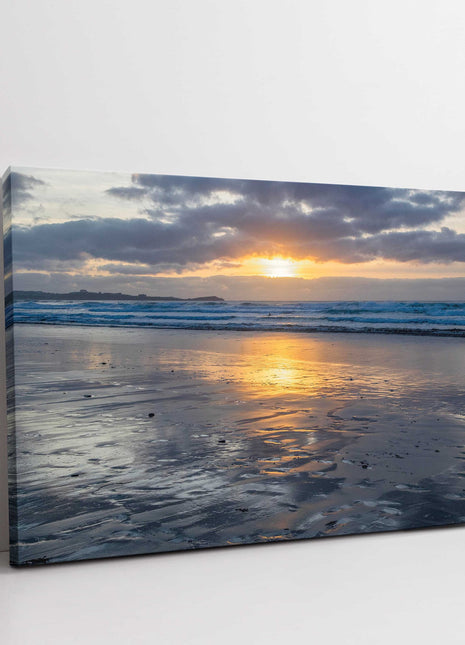 Watergate Bay at sunset, low tide. Cornwall. Canvas picture print landscape