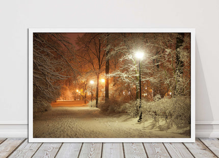 Winter scene at night. Framed picture with choice of frame colours.