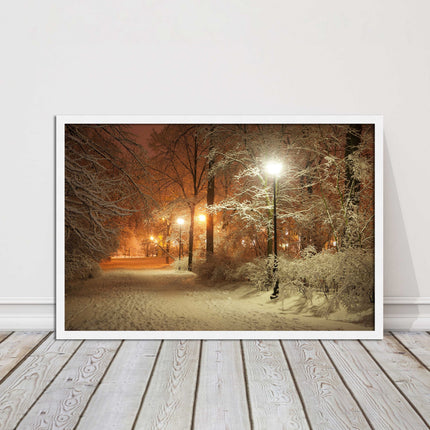 Winter scene at night. Framed picture with choice of frame colours.