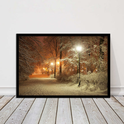 Winter scene at night. Framed picture with choice of frame colours.