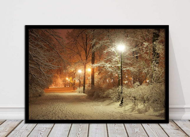 Winter scene at night. Framed picture with choice of frame colours.