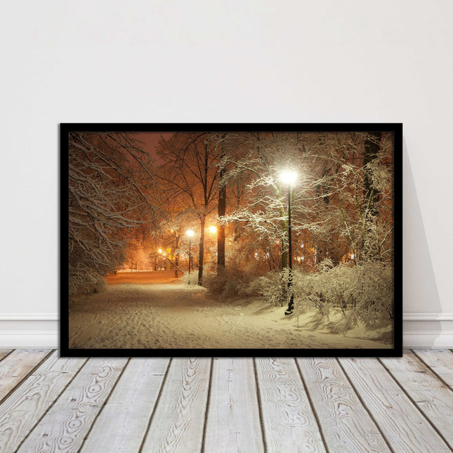 Winter scene at night. Framed picture with choice of frame colours.
