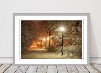 Winter scene at night. Framed picture with choice of frame colours.