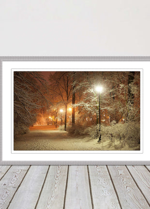 Winter scene at night. Framed picture with choice of frame colours.