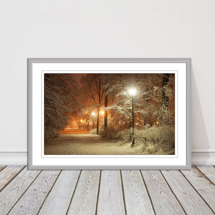 Winter scene at night. Framed picture with choice of frame colours.
