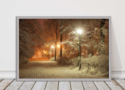 Winter scene at night. Framed picture with choice of frame colours.