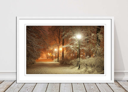 Winter scene at night. Framed picture with choice of frame colours.